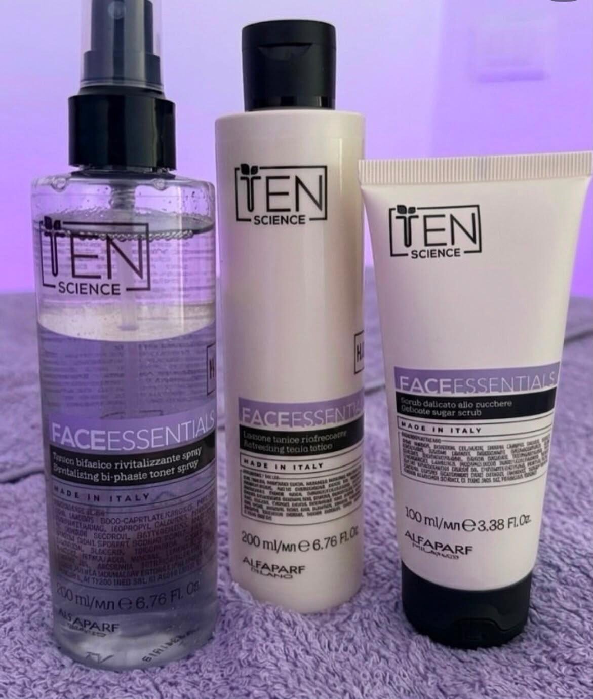 Prodotti professionali TEN Science Face Essentials usati per i trattamenti viso